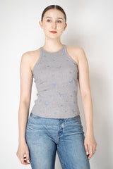 Dorothee Schumacher Fine Rib Cotton Tank Top with Floral Embroidery in Grey Vancouver. Shop Online or in Store