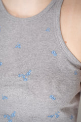 Dorothee Schumacher Fine Rib Cotton Tank Top with Floral Embroidery in Grey Vancouver. Shop Online or in Store