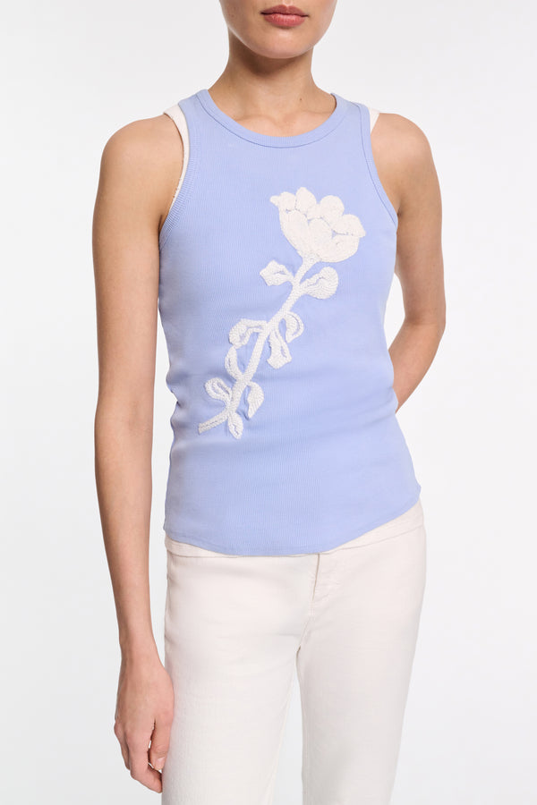 Dorothee Schumacher Fine Rib Tank Top with Embroidery in Blue Vancouver. Shop Online or in Store.