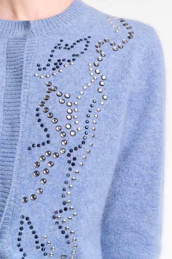 Dorothee Schumacher Fluffy Knit Embellished Cardigan in Blue Vancouver. Shop Online or in Store.