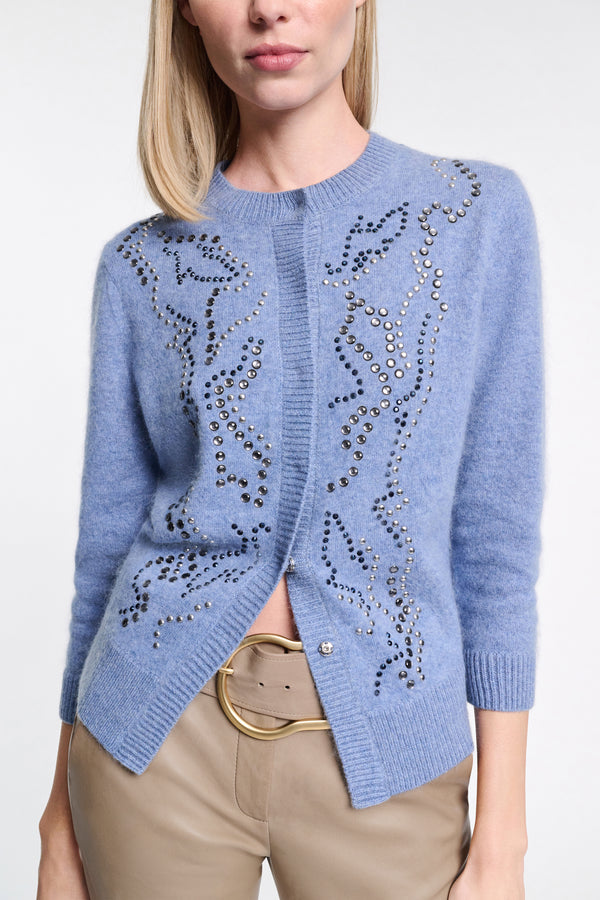 Dorothee Schumacher Fluffy Knit Embellished Cardigan in Blue Vancouver. Shop Online or in Store.