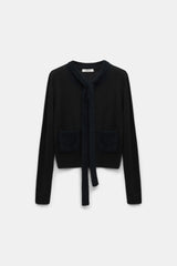 Dorothee Schumacher Fuzzy Trim Knit Virgin Merino Cardigan with Tie Scarf in Black Vancouver. Shop Online or in Store.