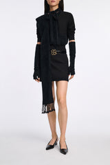 Dorothee Schumacher Fuzzy Trim Knit Virgin Merino Cardigan with Tie Scarf in Black Vancouver. Shop Online or in Store.