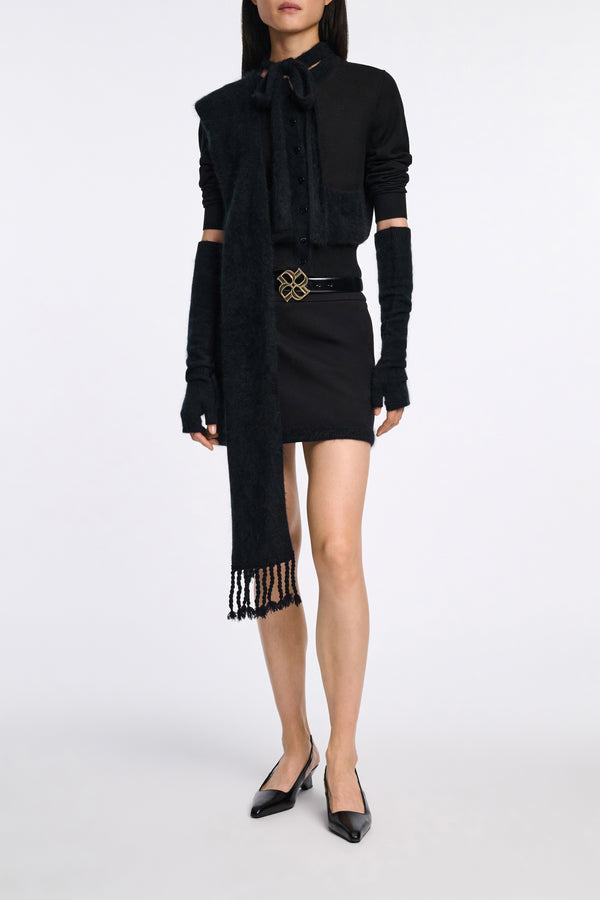 Dorothee Schumacher Fuzzy Trim Knit Virgin Merino Cardigan with Tie Scarf in Black Vancouver. Shop Online or in Store.