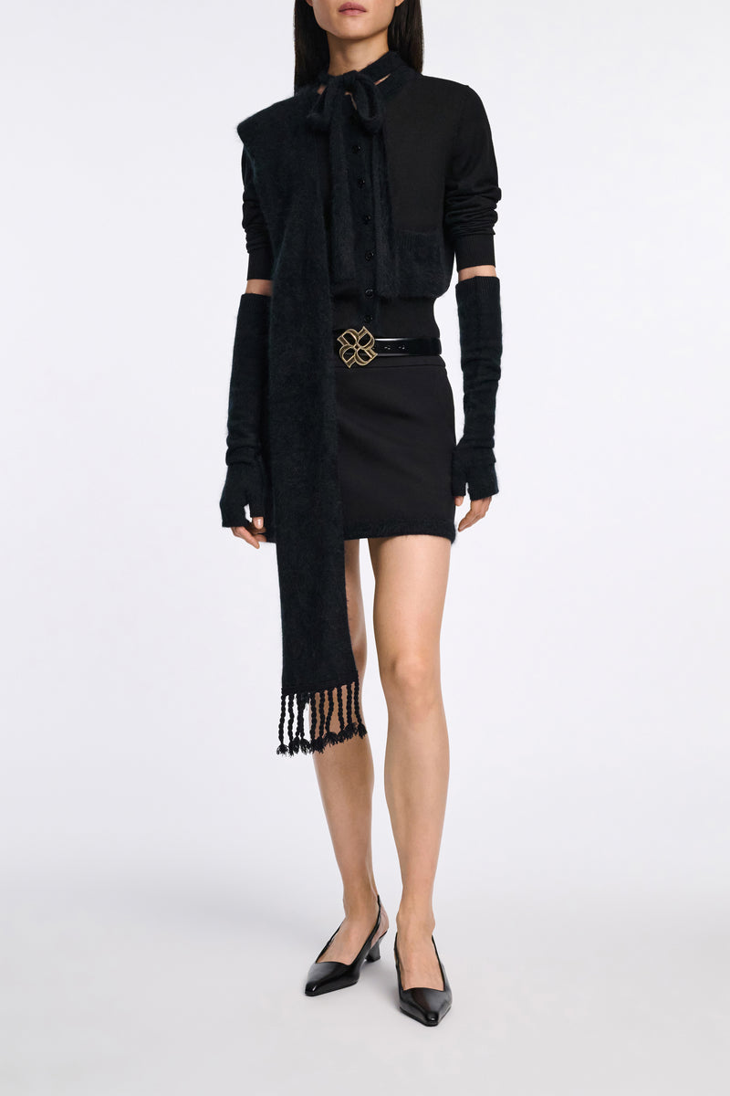 Dorothee Schumacher Fuzzy Trim Knit Virgin Merino Cardigan with Tie Scarf in Black Vancouver. Shop Online or in Store.