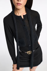 Dorothee Schumacher Fuzzy Trim Knit Virgin Merino Cardigan with Tie Scarf in Black Vancouver. Shop Online or in Store.