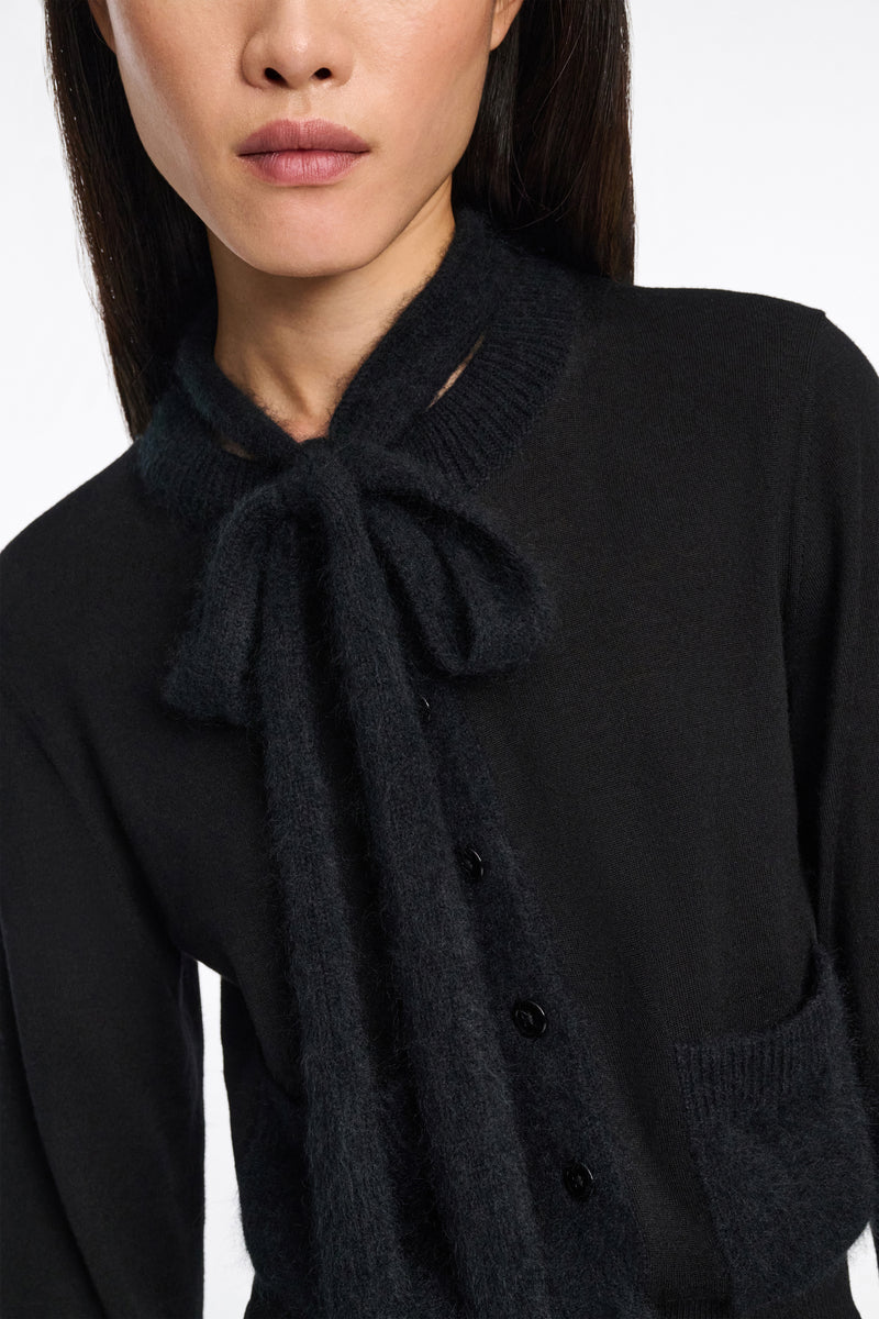 Dorothee Schumacher Fuzzy Trim Knit Virgin Merino Cardigan with Tie Scarf in Black Vancouver. Shop Online or in Store.