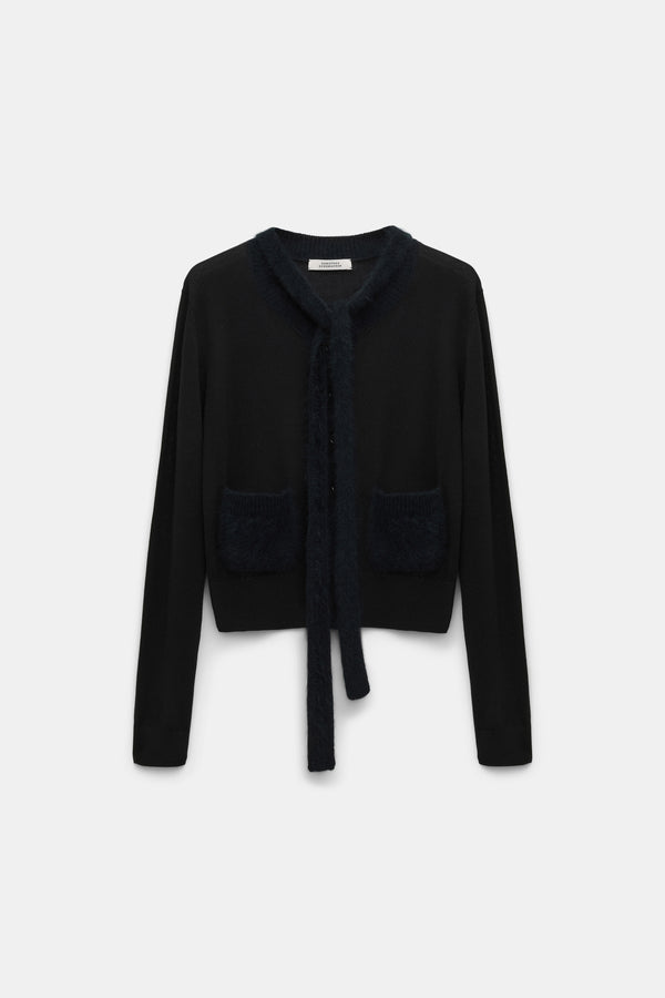 Dorothee Schumacher Fuzzy Trim Knit Virgin Merino Cardigan with Tie Scarf in Black Vancouver. Shop Online or in Store.