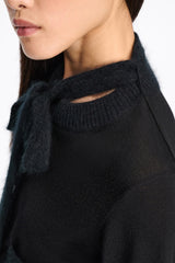 Dorothee Schumacher Fuzzy Trim Knit Virgin Merino Cardigan with Tie Scarf in Black Vancouver. Shop Online or in Store.