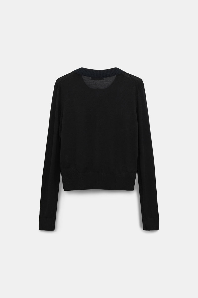 Dorothee Schumacher Fuzzy Trim Knit Virgin Merino Cardigan with Tie Scarf in Black Vancouver. Shop Online or in Store.