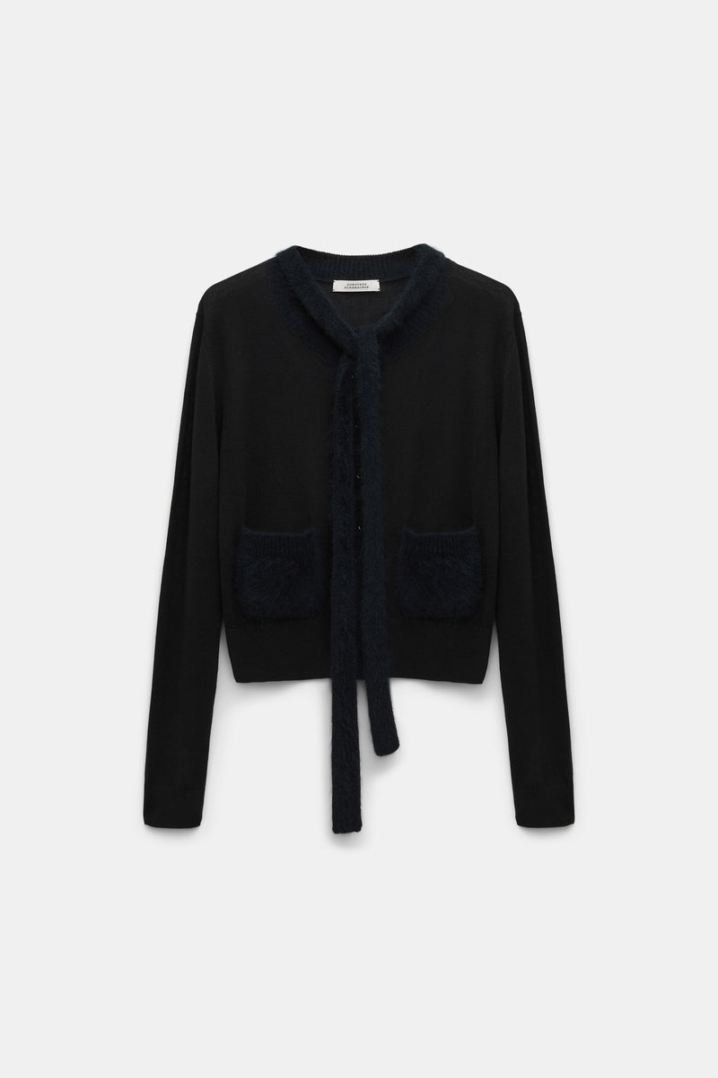 Dorothee Schumacher Fuzzy Trim Knit Virgin Merino Cardigan with Tie Scarf in Black Vancouver. Shop Online or in Store.