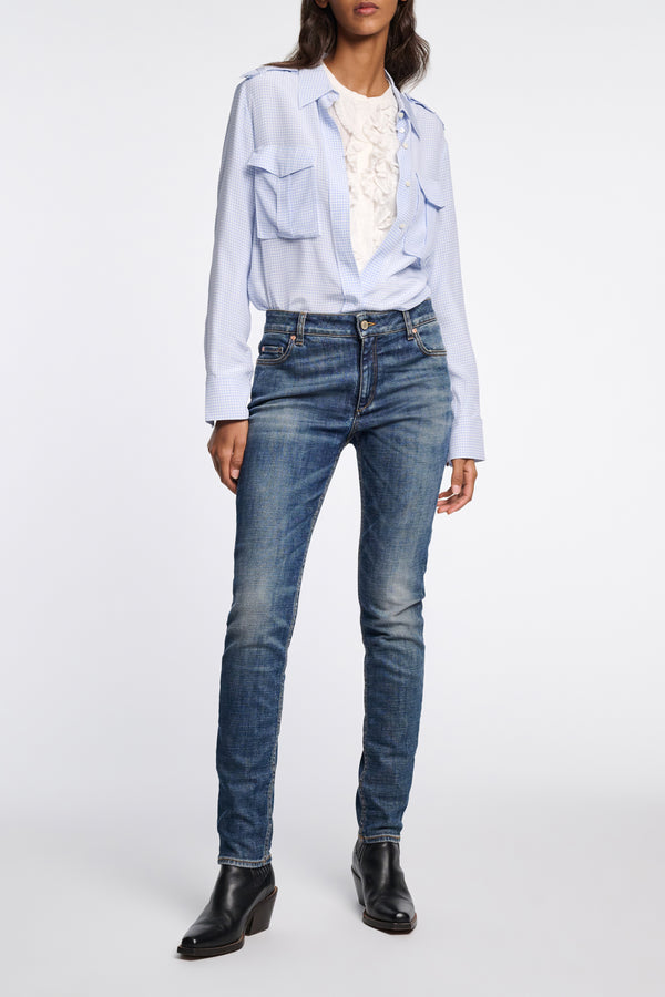 Dorothee Schumacher Gingham Print Silk-Viscose Blouse with Epaulettes in Blue Vichy Vancouver. Shop Online or in Store.