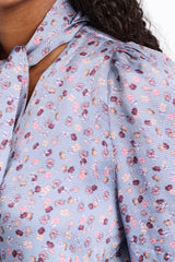 Dorothee Schumacher Hammered Satin Floral Print Blouse in Blue Vancouver. Shop Online or in Store.