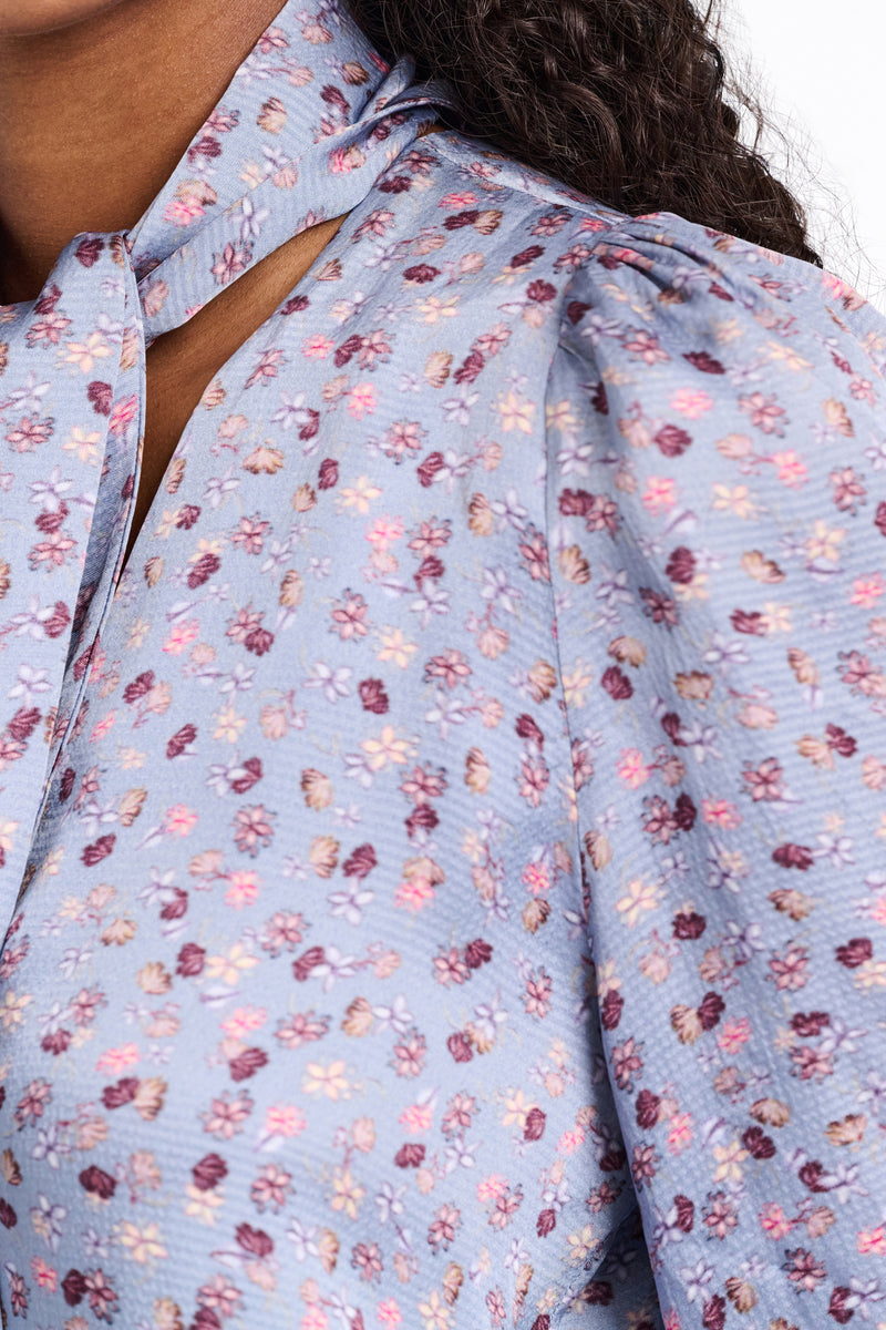 Dorothee Schumacher Hammered Satin Floral Print Blouse in Blue Vancouver. Shop Online or in Store.