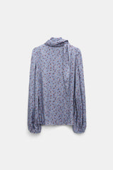 Dorothee Schumacher Hammered Satin Floral Print Blouse in Blue Vancouver. Shop Online or in Store.