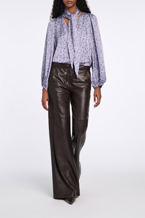Dorothee Schumacher Hammered Satin Floral Print Blouse in Blue Vancouver. Shop Online or in Store.