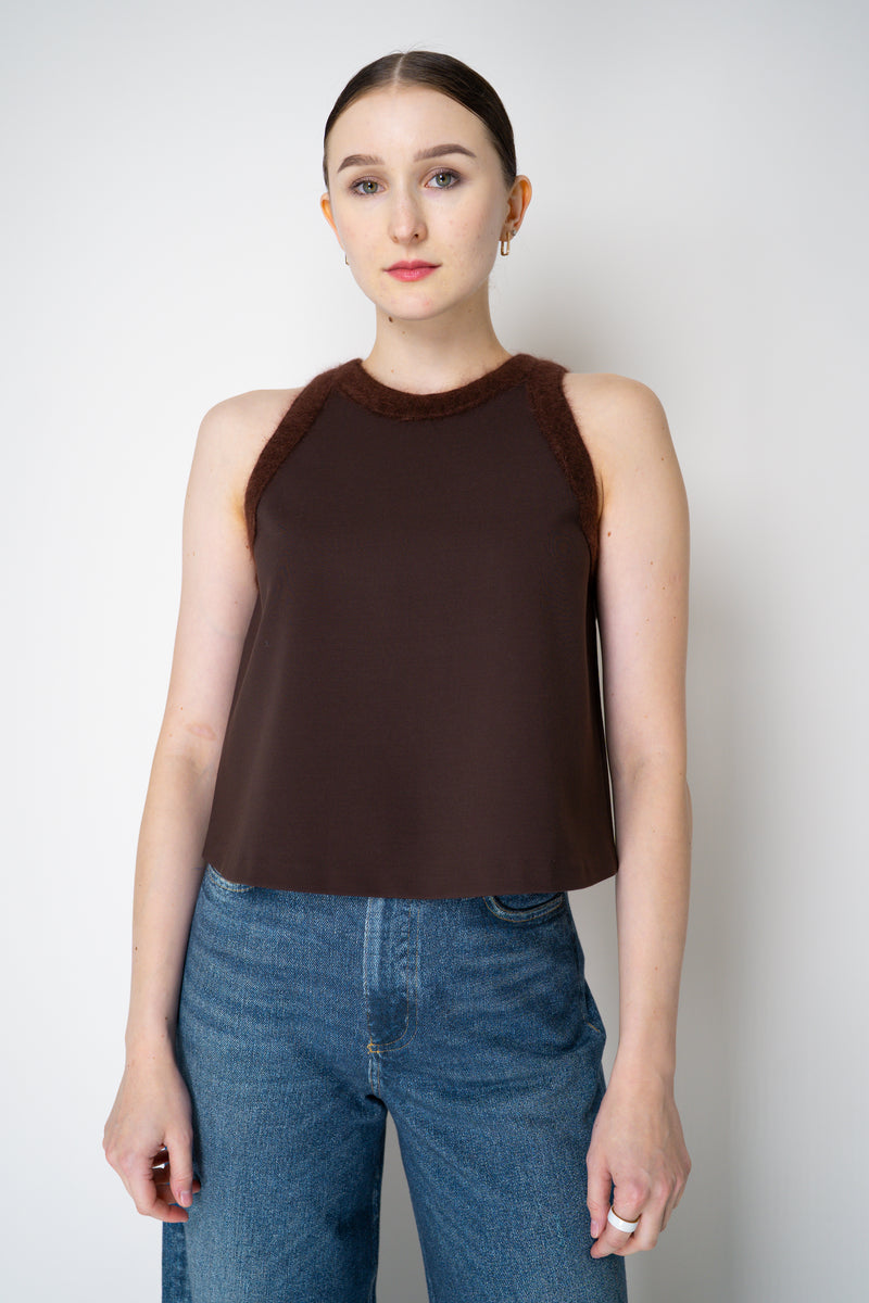 Dorothee Schumacher Knit Punto Milano Sleeveless Top with Fuzzy Trims in Chocolate Brown Vancouver. Shop Online or in Store.