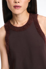 Dorothee Schumacher Knit Punto Milano Sleeveless Top with Fuzzy Trims in Chocolate Brown Vancouver. Shop Online or in Store.