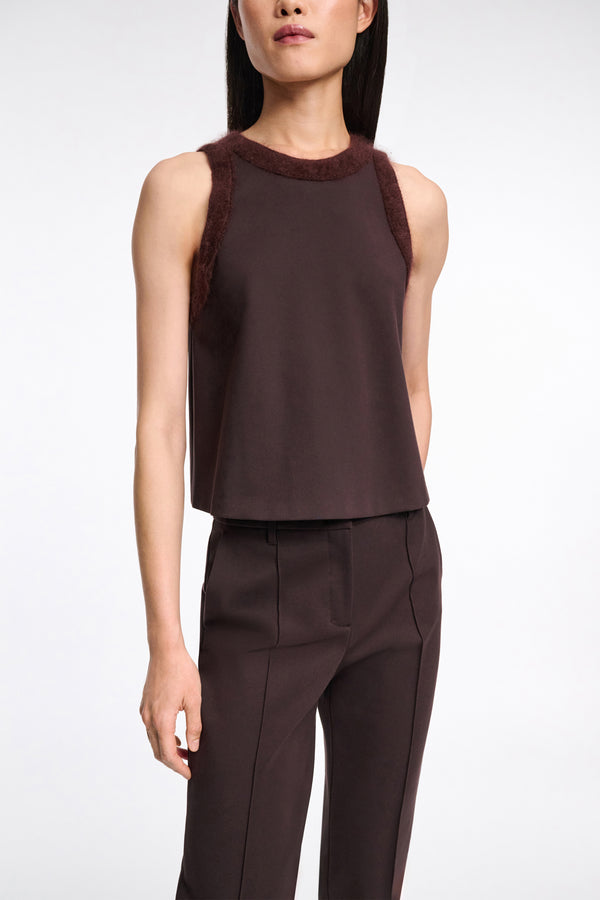 Dorothee Schumacher Knit Punto Milano Sleeveless Top with Fuzzy Trims in Chocolate Brown Vancouver. Shop Online or in Store.