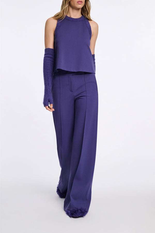 Dorothee Schumacher Knit Punto Milano Sleeveless Top with Fuzzy Trims in Iris Vancouver. Shop Online or in Store.