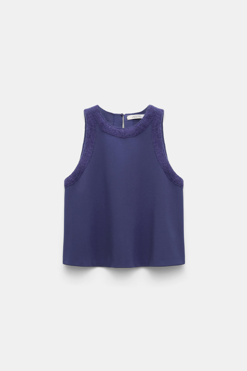 Dorothee Schumacher Knit Punto Milano Sleeveless Top with Fuzzy Trims in Iris Vancouver. Shop Online or in Store.