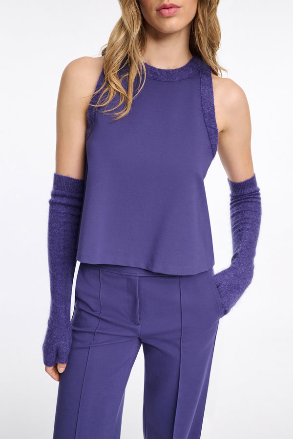 Dorothee Schumacher Knit Punto Milano Sleeveless Top with Fuzzy Trims in Iris Vancouver. Shop Online or in Store.