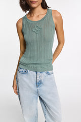 Dorothee Schumacher Linen Blend Ribbed Tank Top with D-Rose Embroidery in Sage Green Vancouver. Shop Online or in Store.