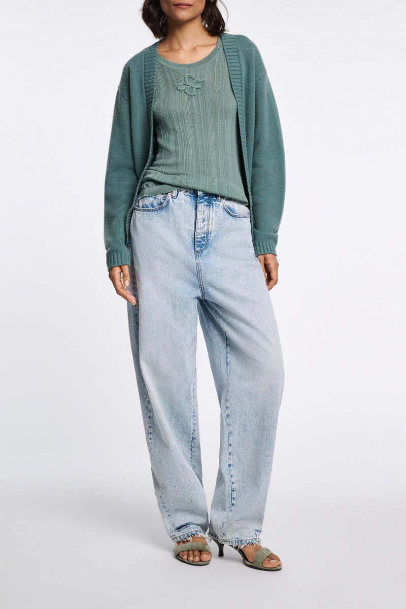 Dorothee Schumacher Linen Blend Ribbed Tank Top with D-Rose Embroidery in Sage Green Vancouver. Shop Online or in Store.