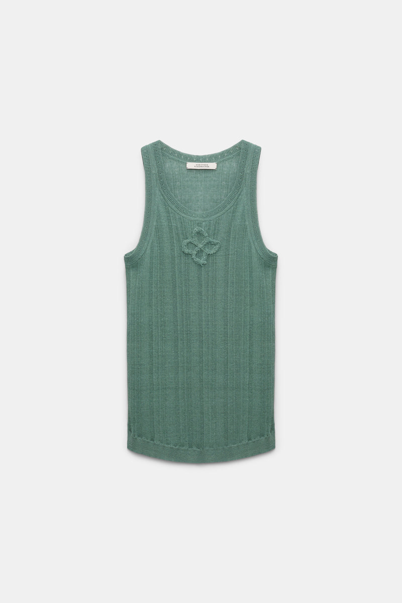 Dorothee Schumacher Linen Blend Ribbed Tank Top with D-Rose Embroidery in Sage Green Vancouver. Shop Online or in Store.