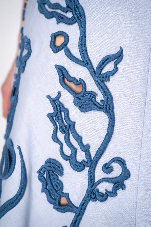 Dorothee Schumacher Linen Midi Dress with Decorative Embroidery in Blue Vancouver. Shop Online or in Store.
