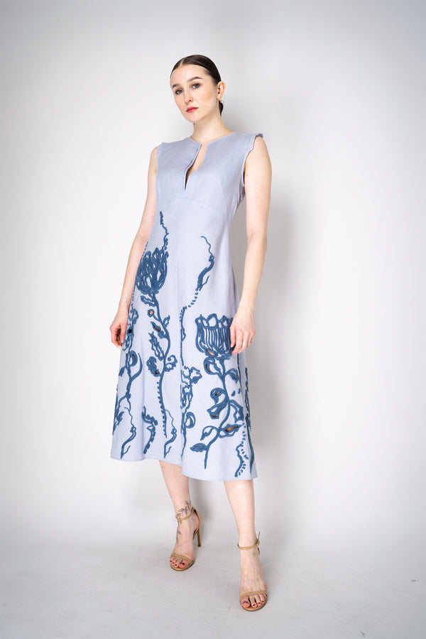 Dorothee Schumacher Linen Midi Dress with Decorative Embroidery in Blue Vancouver. Shop Online or in Store.
