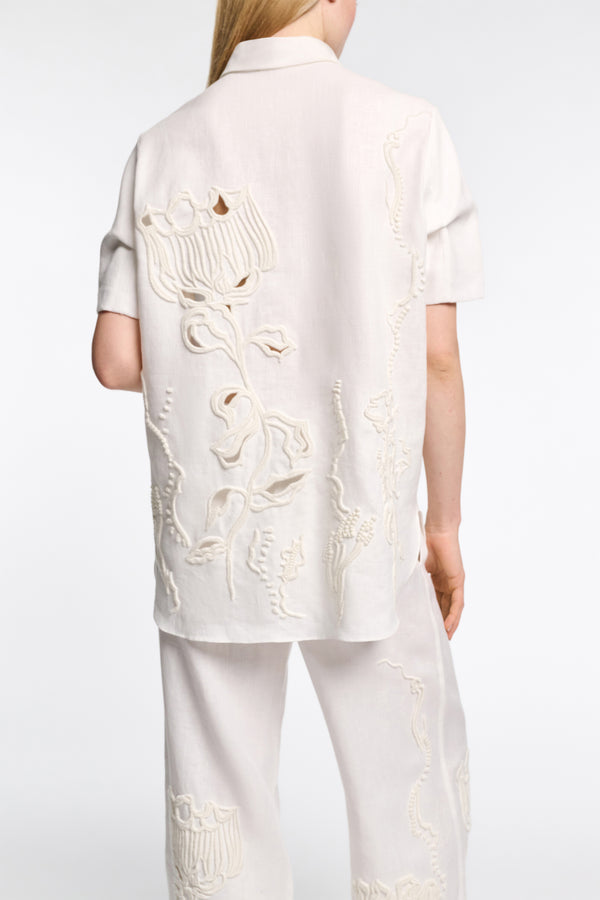 Dorothee Schumacher Linen Shirt with Decorative Embroidery in Off-White Vancouver. Shop Online or in Store.