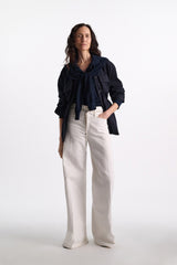 Dorothee Schumacher Long Sleeve Top with Hood Layered Look in Navy Vancouver. Shop Online or in Store.