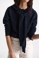Dorothee Schumacher Long Sleeve Top with Hood Layered Look in Navy Vancouver. Shop Online or in Store.