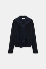 Dorothee Schumacher Long Sleeve Top with Hood Layered Look in Navy Vancouver. Shop Online or in Store.