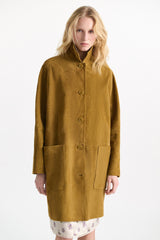 Dorothee Schumacher Long Suede Coat in Greenish Brown Vancouver. Shop Online or in Store.