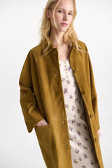 Dorothee Schumacher Long Suede Coat in Greenish Brown Vancouver. Shop Online or in Store.