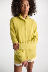 Dorothee Schumacher Merino-Cashmere Knit Bomber Jacket in Goldfinch Green Vancouver. Shop Online or in Store.
