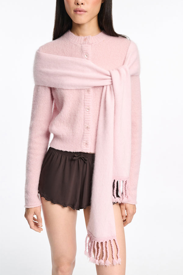 Dorothee Schumacher Merino-Cashmere Knit Fringe Scarf in Candy Rose Vancouver. Shop Online or in Store.