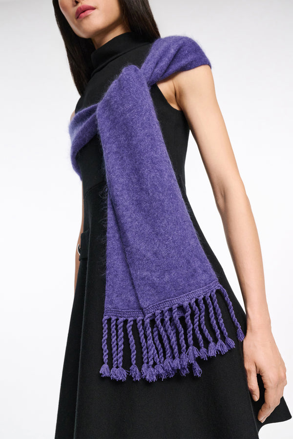 Dorothee Schumacher Merino-Cashmere Knit Fringe Scarf in Lavendel Night Vancouver. Shop Online or in Store.