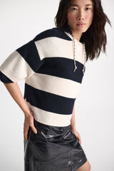 Dorothee Schumacher Merino-Cashmere Striped Knit Top in White Navy Vancouver. Shop Online or in Store.