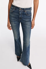 Dorothee Schumacher Mid Rise Flared Jeans in Mid Dark Blue Vancouver. Shop Online or in Store.