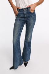 Dorothee Schumacher Mid Rise Flared Jeans in Mid Dark Blue Vancouver. Shop Online or in Store.