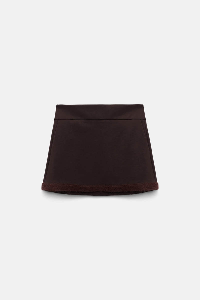 Dorothee Schumacher Mini Skort in Punto Milano with Fuzzy Trims in Chocolate Brown Vancouver. Shop Online or in Store.
