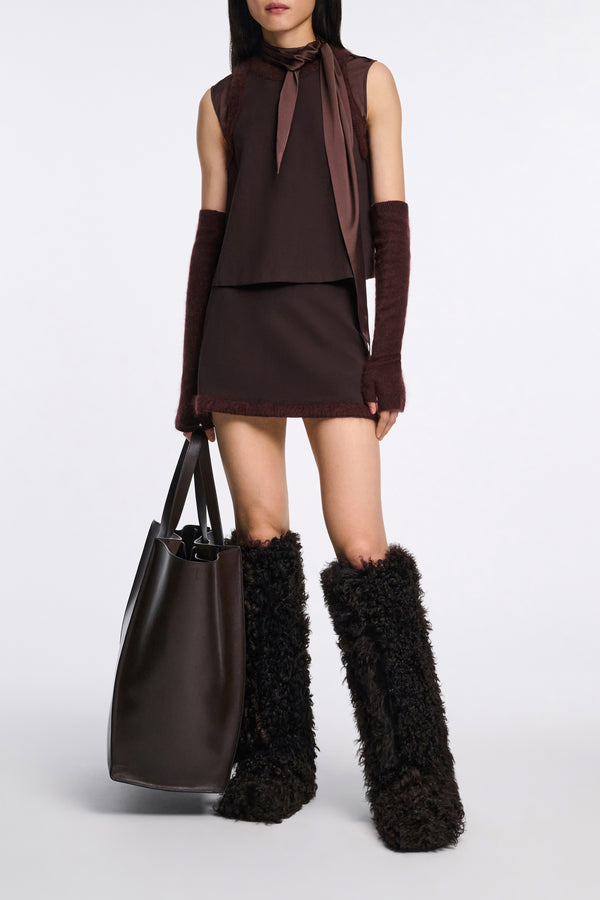 Dorothee Schumacher Mini Skort in Punto Milano with Fuzzy Trims in Chocolate Brown Vancouver. Shop Online or in Store.