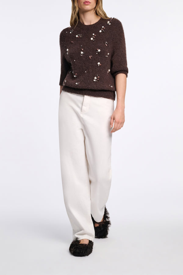Dorothee Schumacher Pearl Embellished Alpaca Mix Knit Short Sleeve Pullover in Brown Vancouver. Shop Online or in Store.