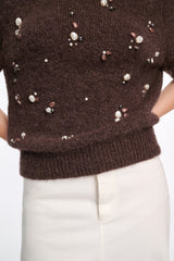 Dorothee Schumacher Pearl Embellished Alpaca Mix Knit Short Sleeve Pullover in Brown Vancouver. Shop Online or in Store.