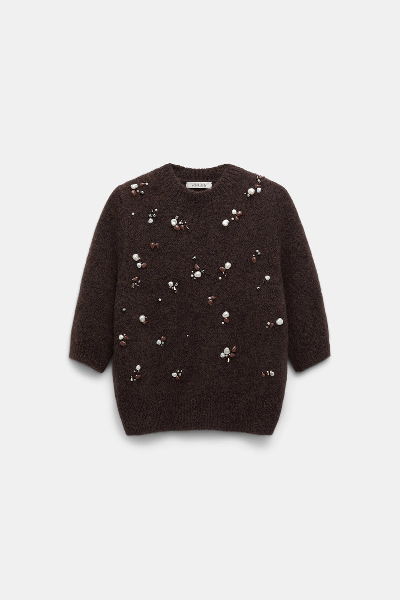 Dorothee Schumacher Pearl Embellished Alpaca Mix Knit Short Sleeve Pullover in Brown Vancouver. Shop Online or in Store.