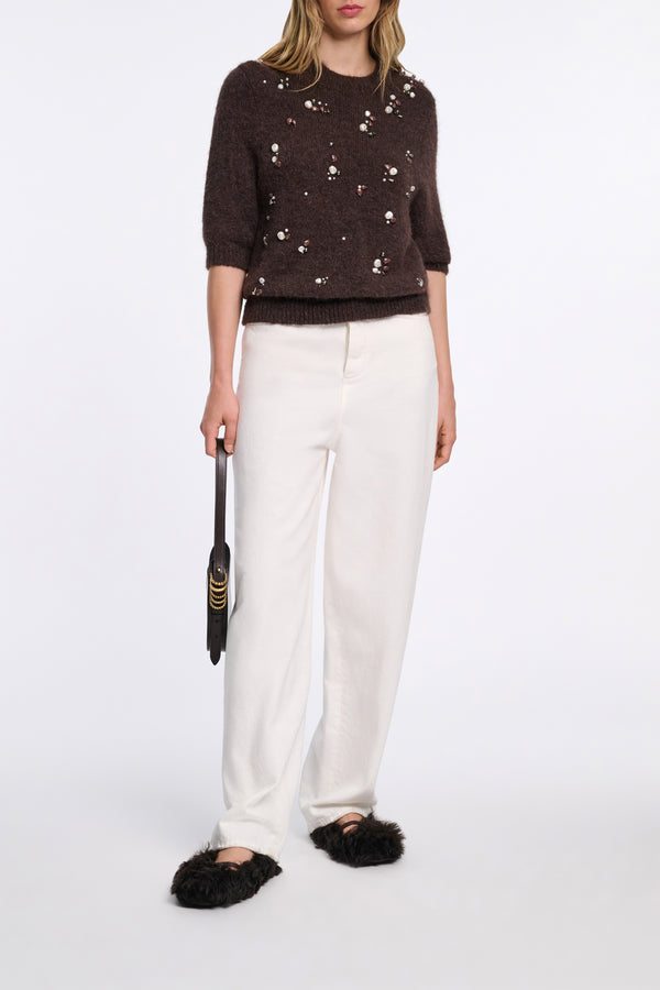 Dorothee Schumacher Pearl Embellished Alpaca Mix Knit Short Sleeve Pullover in Brown Vancouver. Shop Online or in Store.