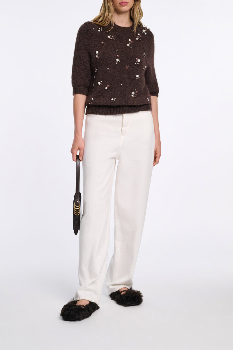 Dorothee Schumacher Pearl Embellished Alpaca Mix Knit Short Sleeve Pullover in Brown Vancouver. Shop Online or in Store.